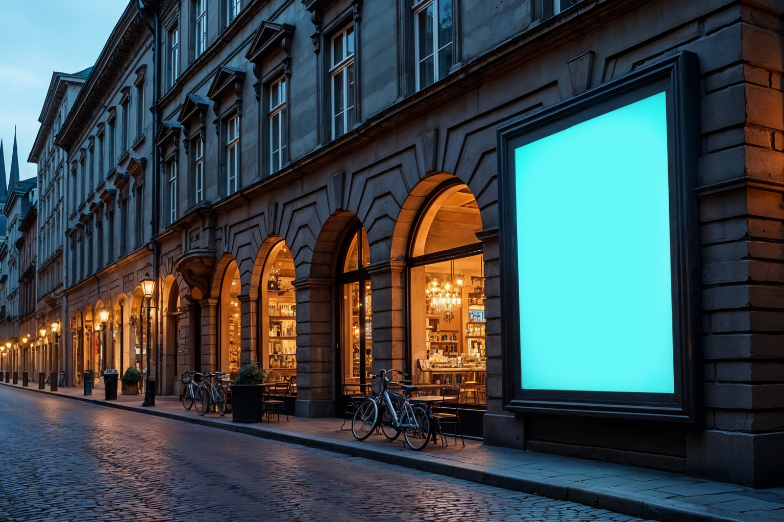 Billboard en blanco destacando en una calle de una ciudad europea